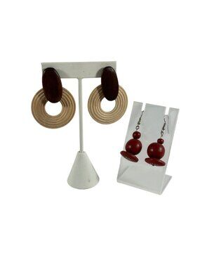 Lot 2 Wood Earrings Dangle Red Brown Retro Textured Natural Earthy Unique